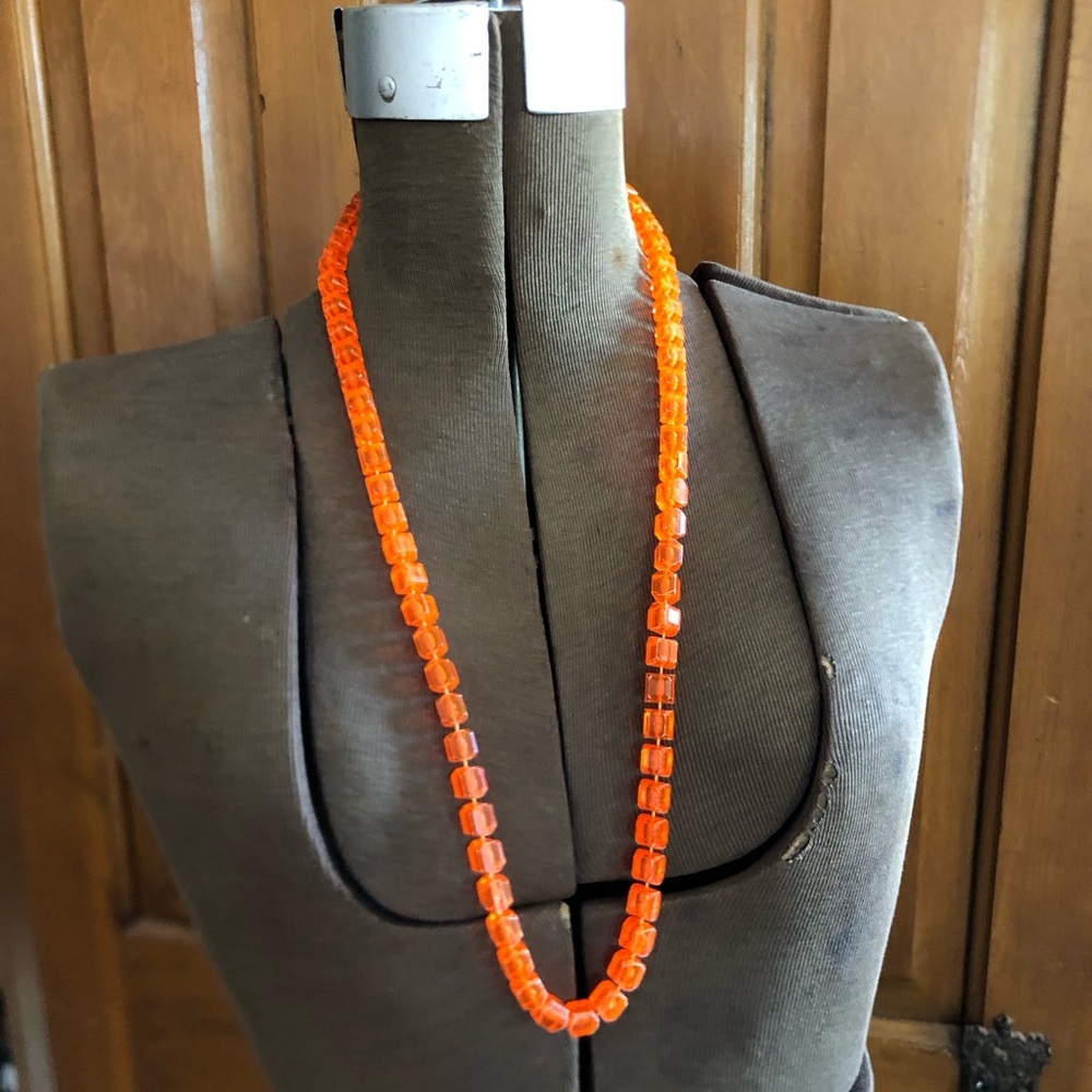 Vtg Orange Cube Beaded Statement Necklace